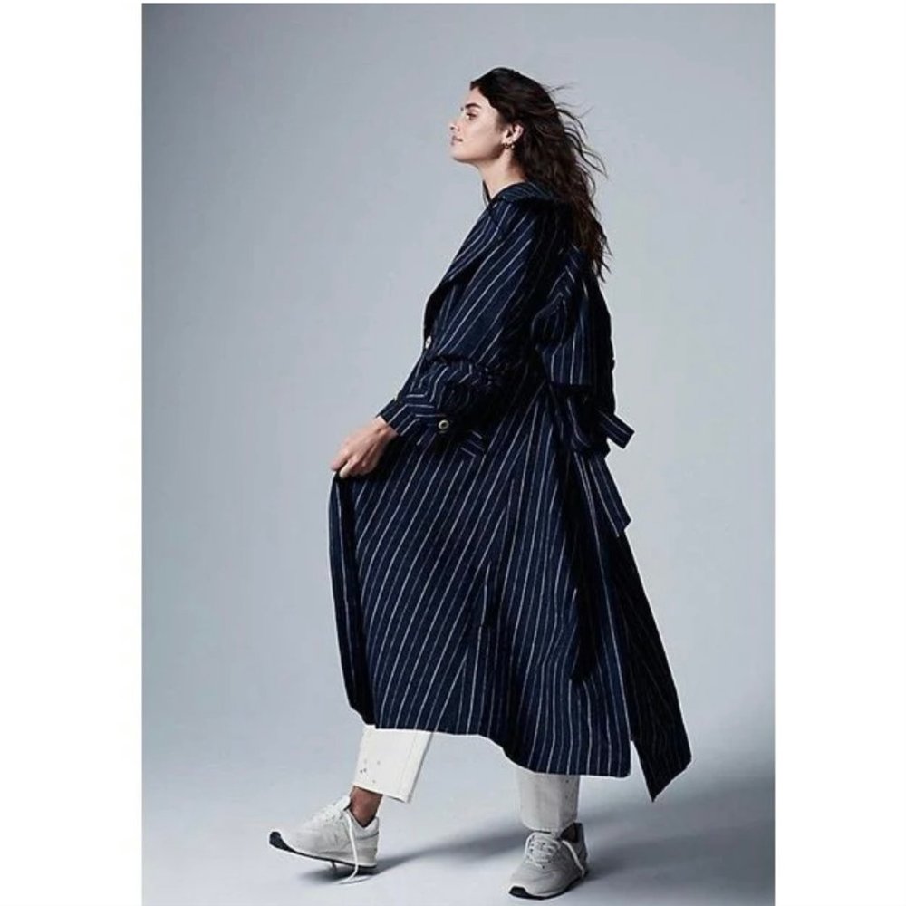 Free People Melia Mac Navy Pinstripe Linen/Cotton Coat